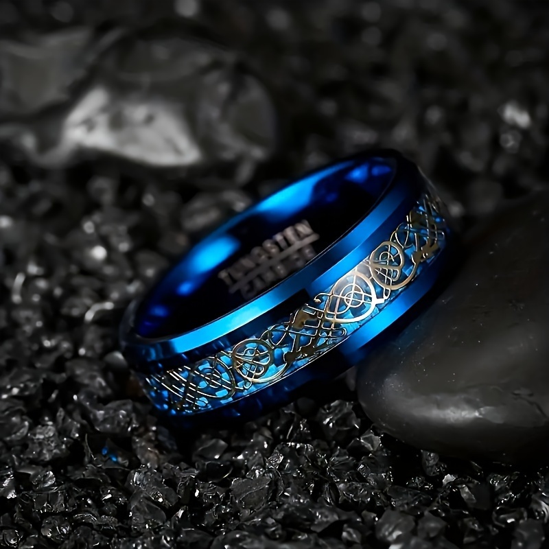 

1pc Creative Classic 8mm Blue Inlaid Fiber Dragon Patterned Stainless Steel Ring