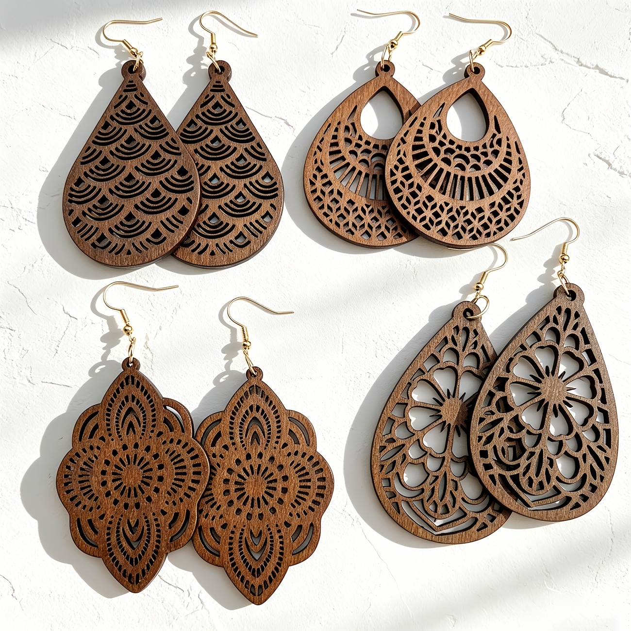 4 Pairs/1 Set Wooden Vintage Hollow-out Floral Pendant Earrings Set