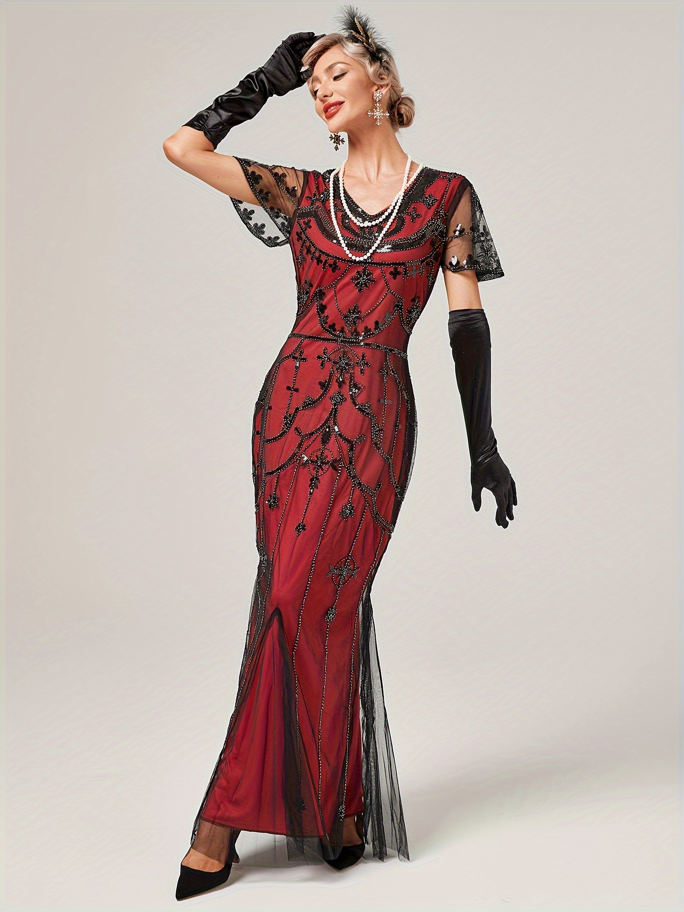 1920s Vintage Sequin Party Dress with Fringe, Banquet Evening Gown  Beaded Toasting Attire