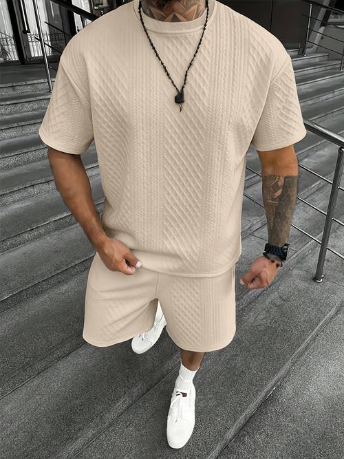 herren neues t-shirt mit rundhalsausschnitt und kordelzug-shorts set aus strukturierter textur
