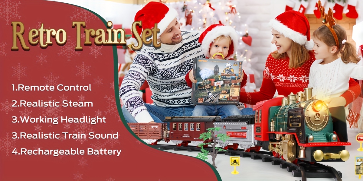 Multi-Item Party Favor Pakcs Christmas Electric Train Set with Steam, Sound And Light, Remote Control Train Toys with Locomotive Engine, Cargo Cars Tracks, Rechargeable Party Toy Train for Kids Boys 3+ Year Old