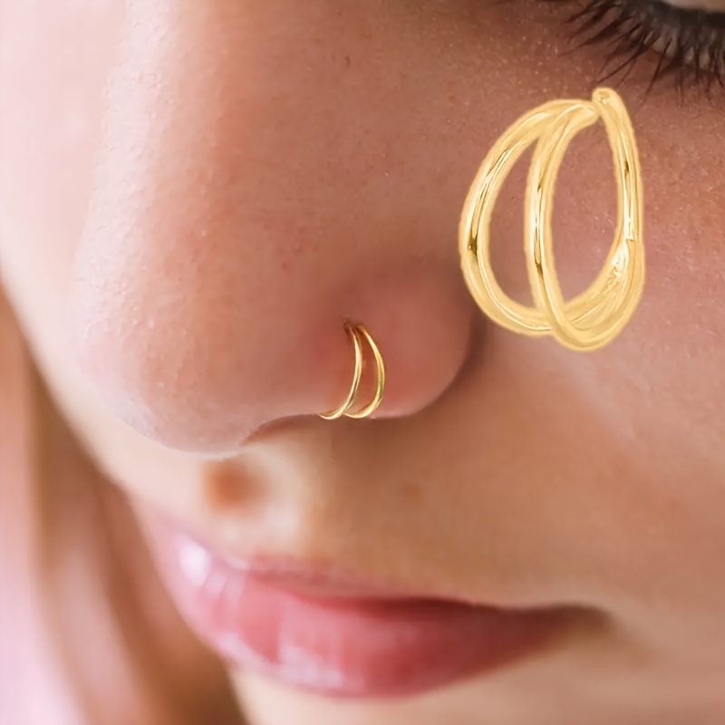 1pc Double Ring Nose Ring For Women - Single Piece, Shiny Stacking Design, Lightweight - Allergy-free, Suitable For Parties, Casual Wear, Valentine's Day Gift - Simple Resort Style, Suitable For