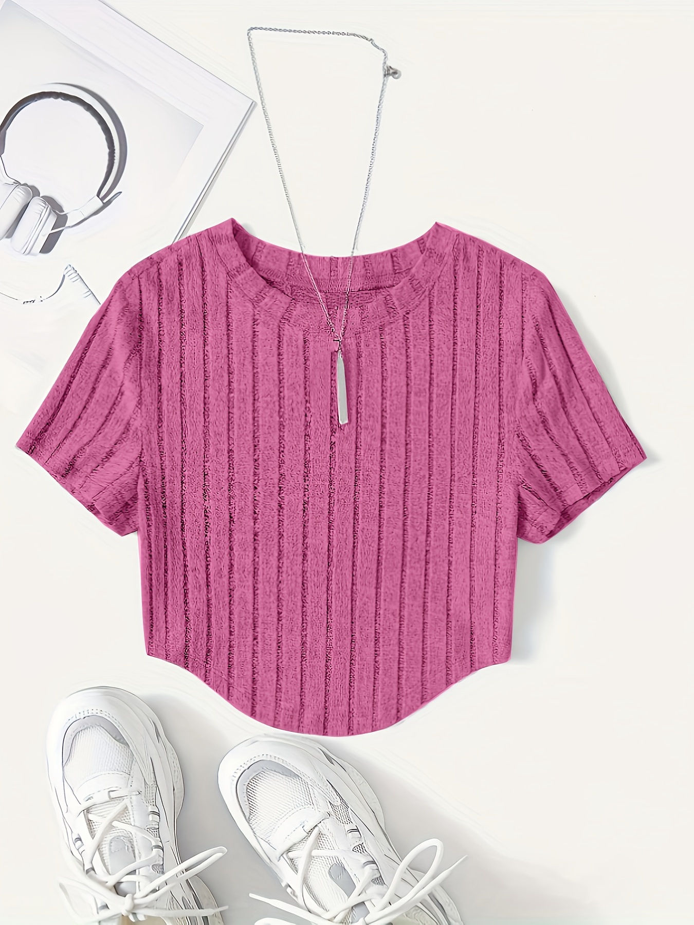 Women's Casual Short Sleeve T-Shirt - Soft Stretch Polyester-Spandex Blend, Loose Fit Round Neck Summer Top, Solid Color Machine Washable Tee for Casual Attire