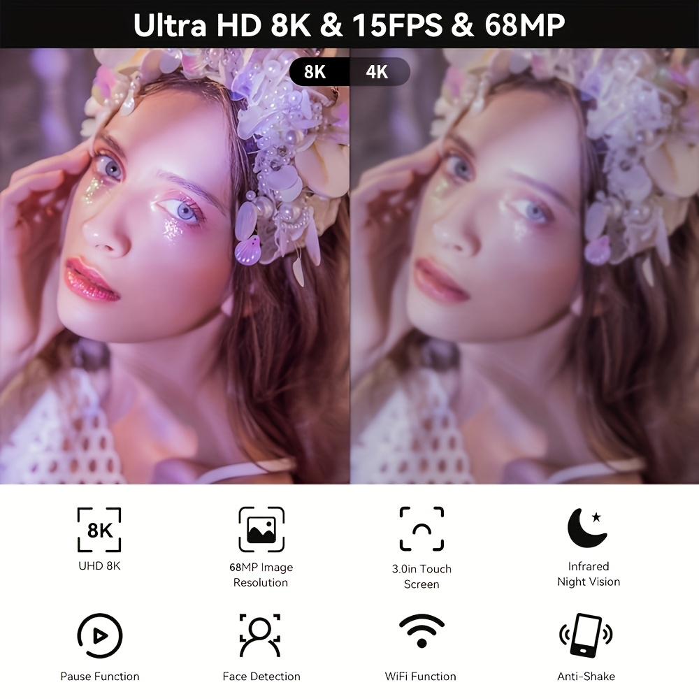 TUOGTCI 8K Camera Compatible for YouTube with 48MP/15FPS/7.62cm Touch Screen/18x Zoom/Night Vision/Fill Light/Microphone/Stabilizer/Remote Control & Battery - Vlogging Camera for Content Creation, Streaming, FPV (MP4 Recording)