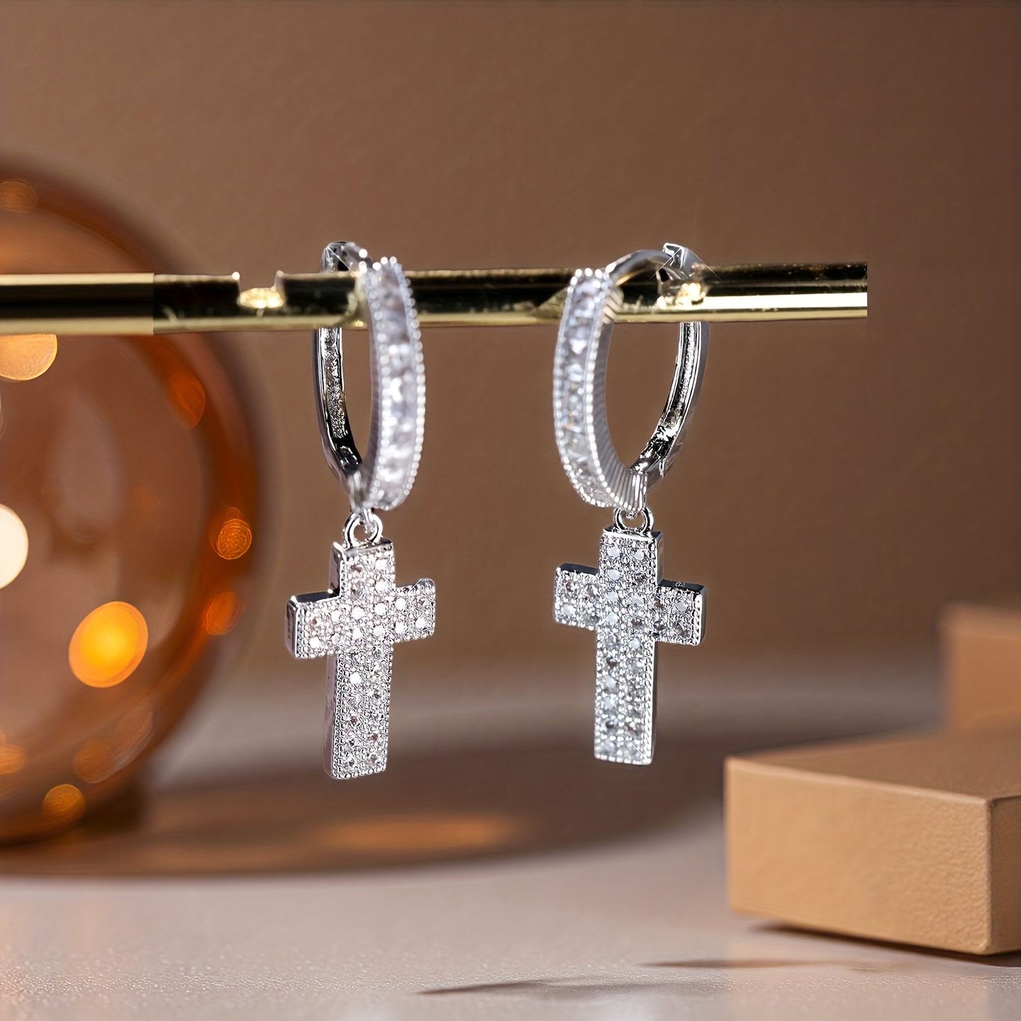 Silvery Cross Design, Pendant Earrings With Shiny Zirconia, Copper Jewelry, Luxury Women Gift