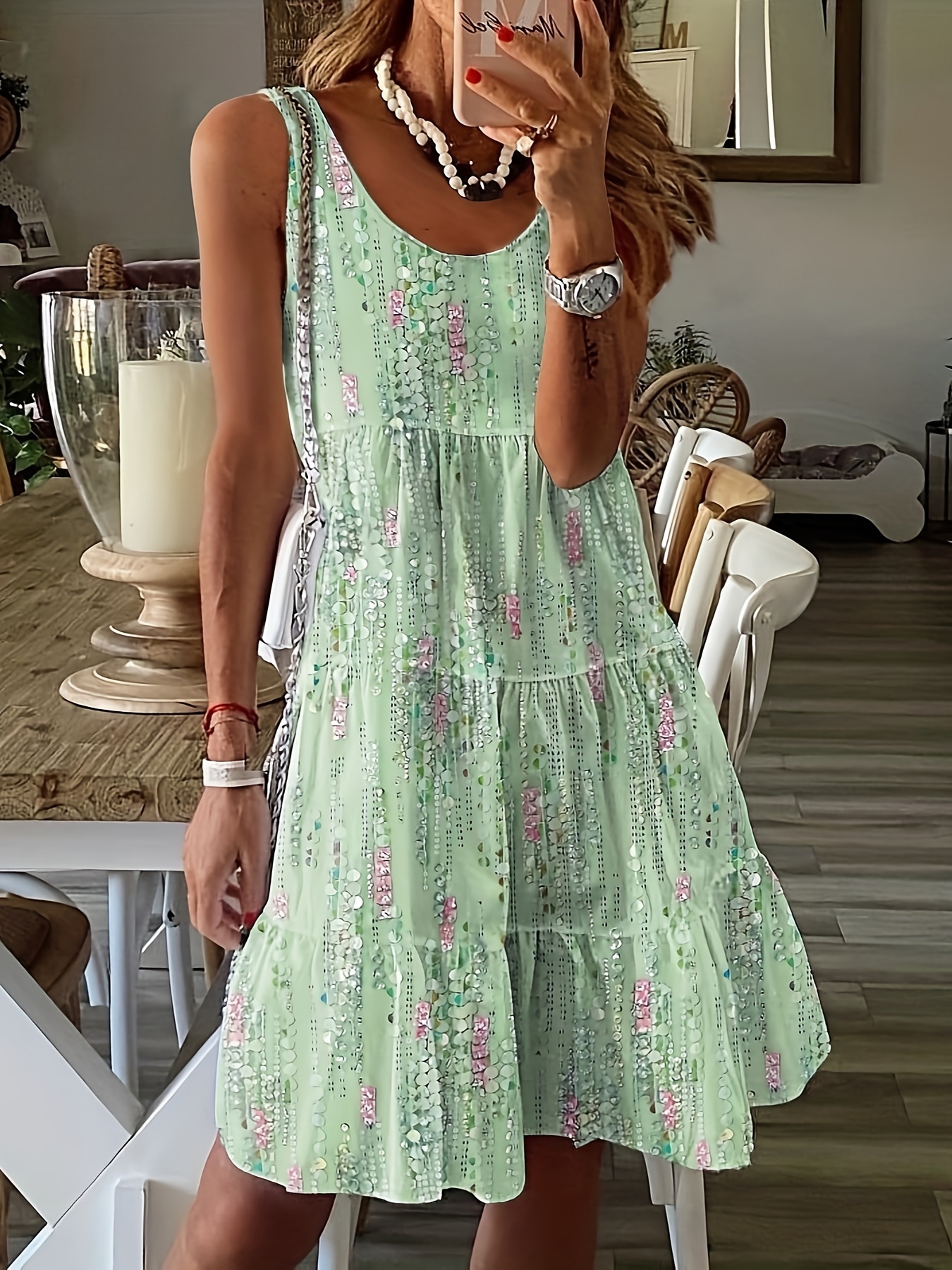 floral print crew neck tank dress casual sleeveless tiered hem dress for spring summer womens   0