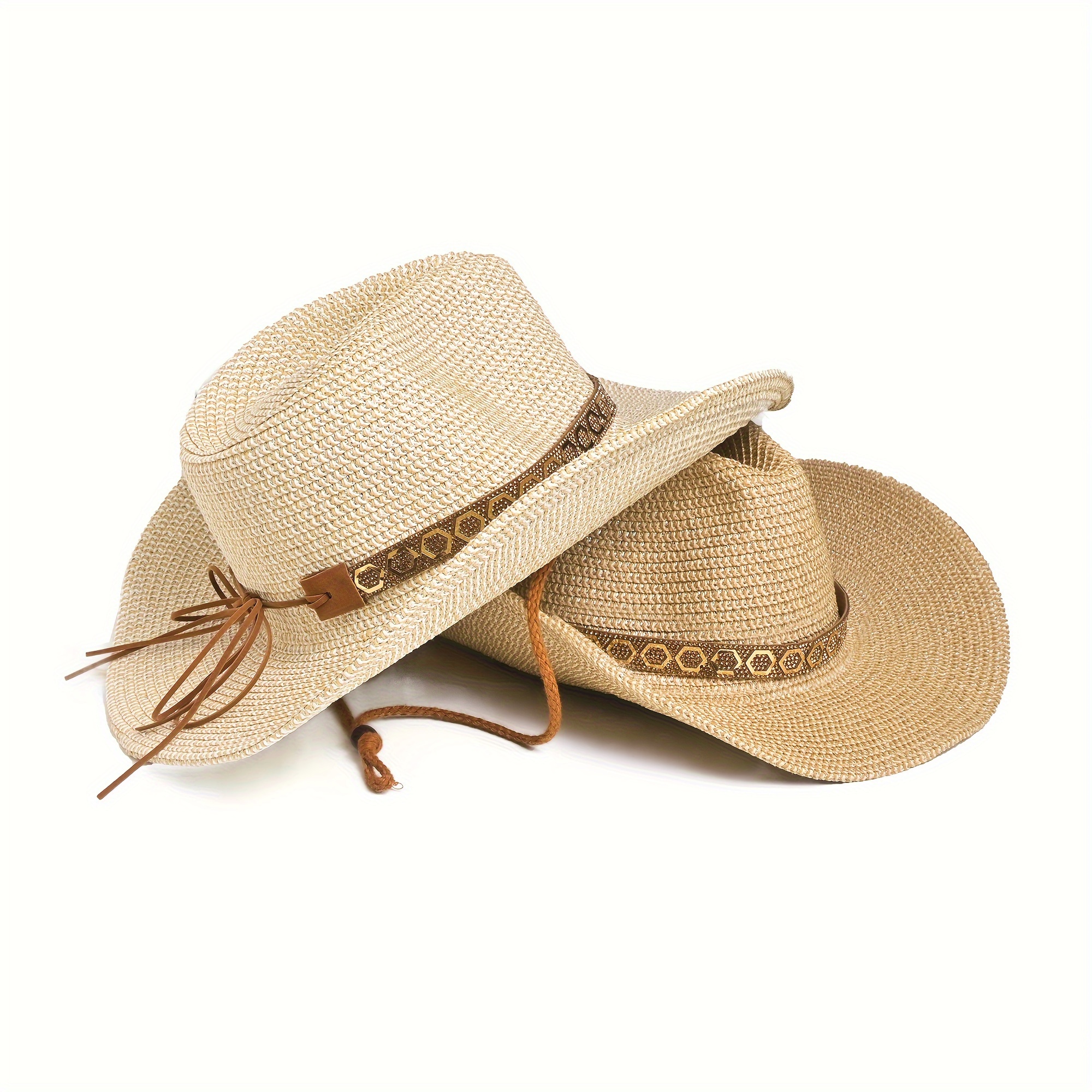 

Vintage Western Cowboy Hat Hexagon Golden Strap Decor Straw Hat Unisex Outdoor Sunshade Knight Hat