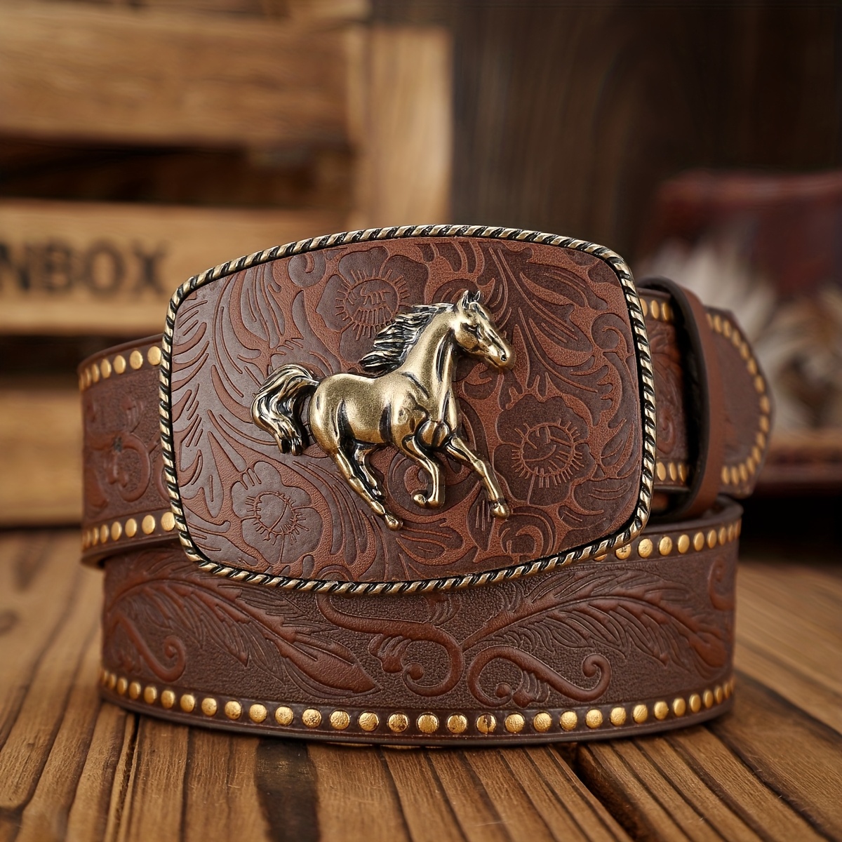 E-shop 1 Stück Gürtel im Western-Stil mit PU-Prägung, Unisex Freizeit Vintage Gürtel (Schnallenstruktur Zufällig)