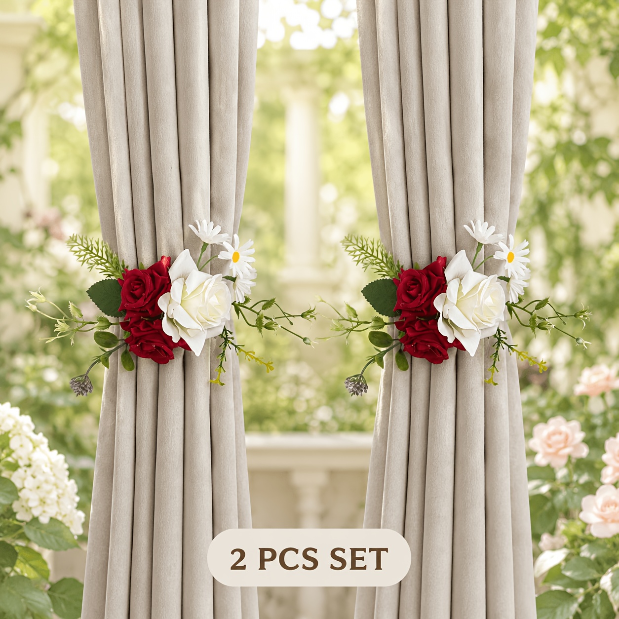 TEMU Lot de 2 cordons de nouage pour rideaux style forêt , combinaison de plusieurs roses et marguerites artificielles, décorés de plantes naturelles