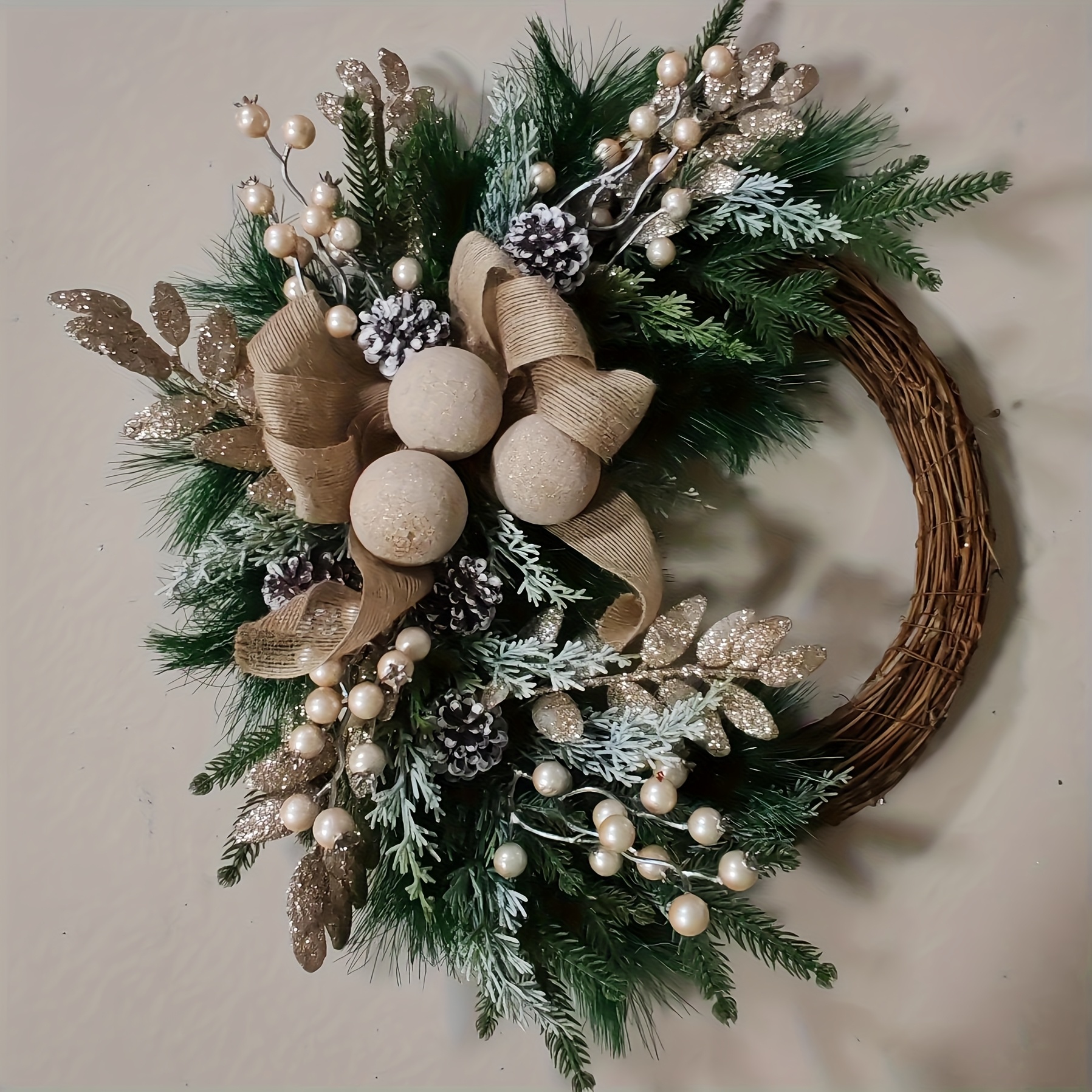 A Christmas Wreath In Cream And Golden, A Winter Decoration, A Festive Adornment