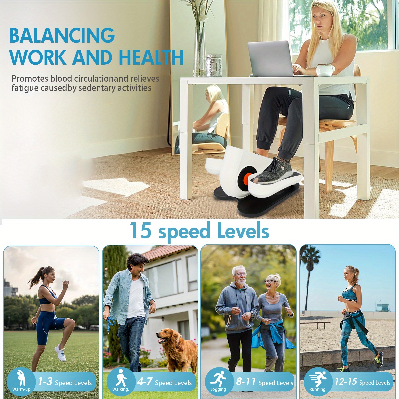 Under-desk Elliptical Trainer - Fully Assembled, Quiet, Portable, Seated Pedal Exerciser With Remote Control. 5 Automatic Modes + 15 Manual Speed Settings For Easy Home Exercise And Office Relaxation, Without Battery