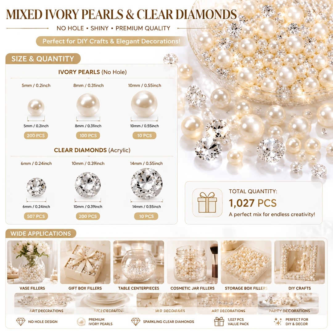 TEMU 1027pcs No Hole Pearl & Clear Rhinestone Beads (145g), Glossy Acrylic Diamond Bead Vase Filler, Home Table Decor, Gift Box/storage Box Filling,
