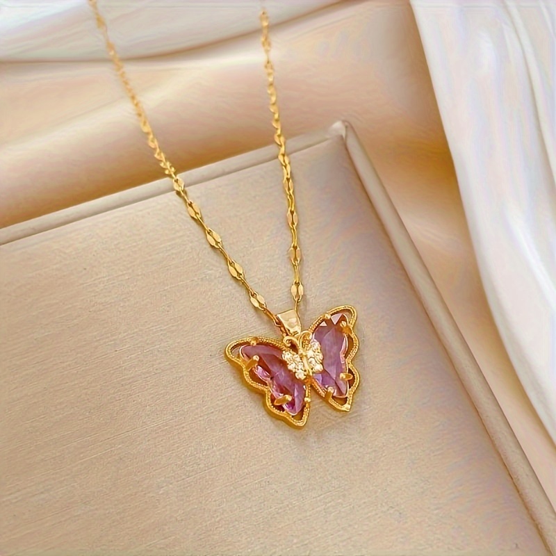 

Exquisite Fashion Shiny Purple Butterfly Pendant Necklace, Perfect Gift For Men Women