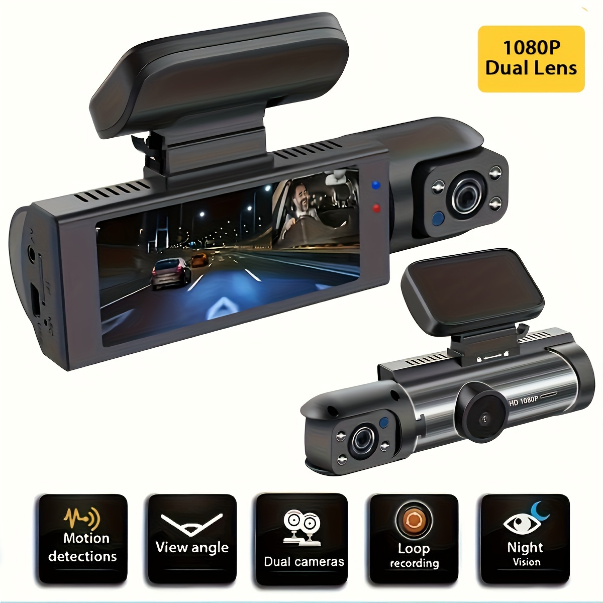 MYAI 1080P Dash Cam Dual-View con Schermo IPS da 8.03cm - Registratore HD Anteriore & Interno per Auto, Visione Notturna IR, Ampio Angolo, Alimentazione a Spina