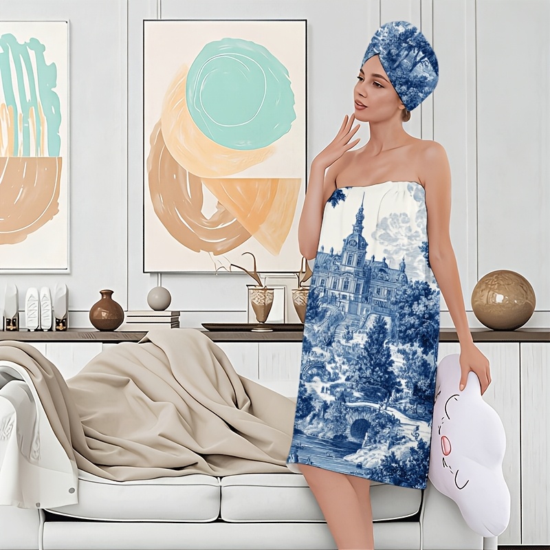 2D Flat, 2pcs Blue and White Classical Garden Scenery Bath Skirt, 2D FLAT Bath Skirt and Hair Drying Cap Set, for Bathroom/Beach/Gym/Sauna/Beauty Salon/SPA/Spa/Washroom, Soft/Quick-Drying/Absorbent/Stylish, Valentine's Day, 2D Flat