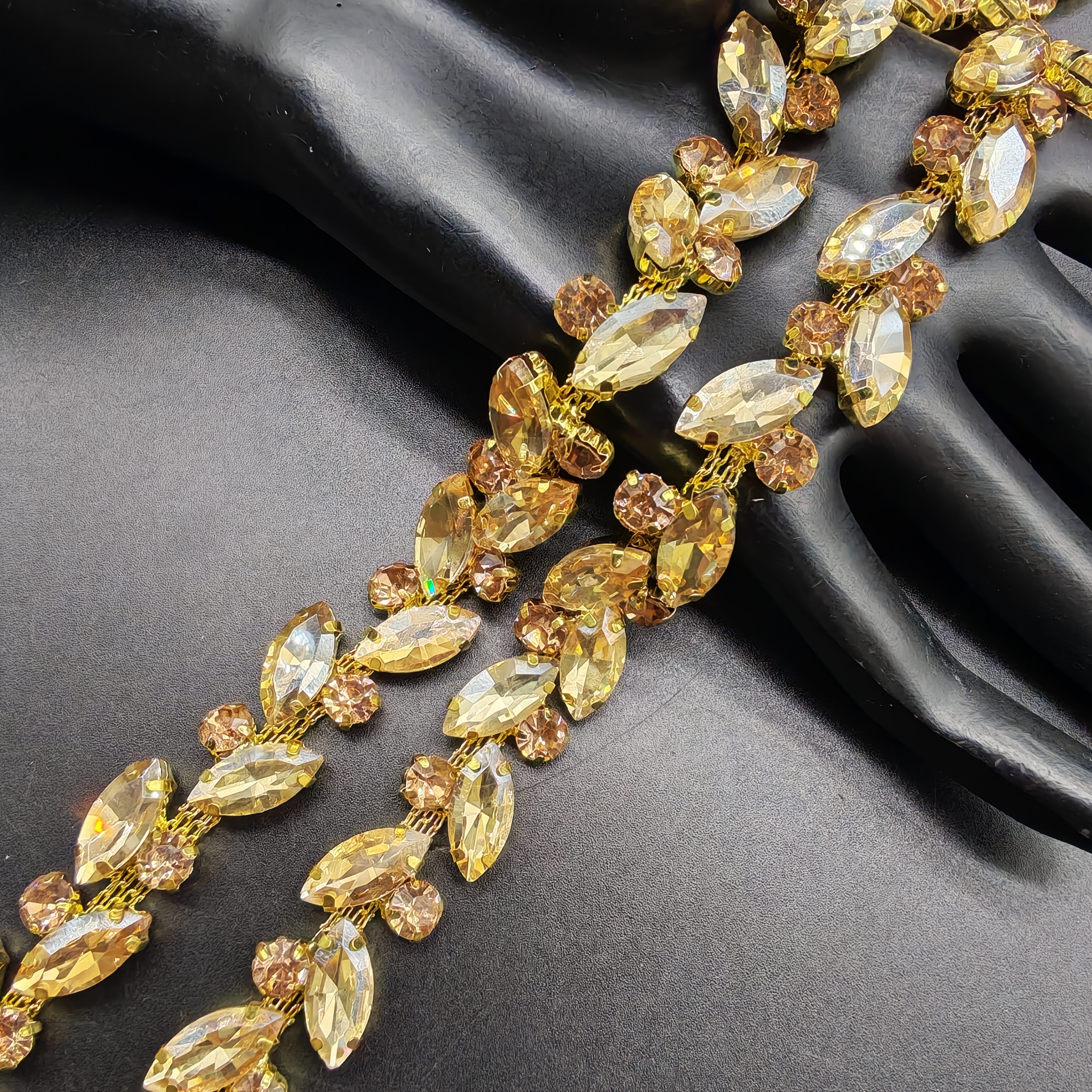 TEMU Chaîne à strass marquise de feuille dorée champagne 30 cm x 75 cm, bordure décorative à coudre pour DIY pour sacs à main, chaussures, robes de