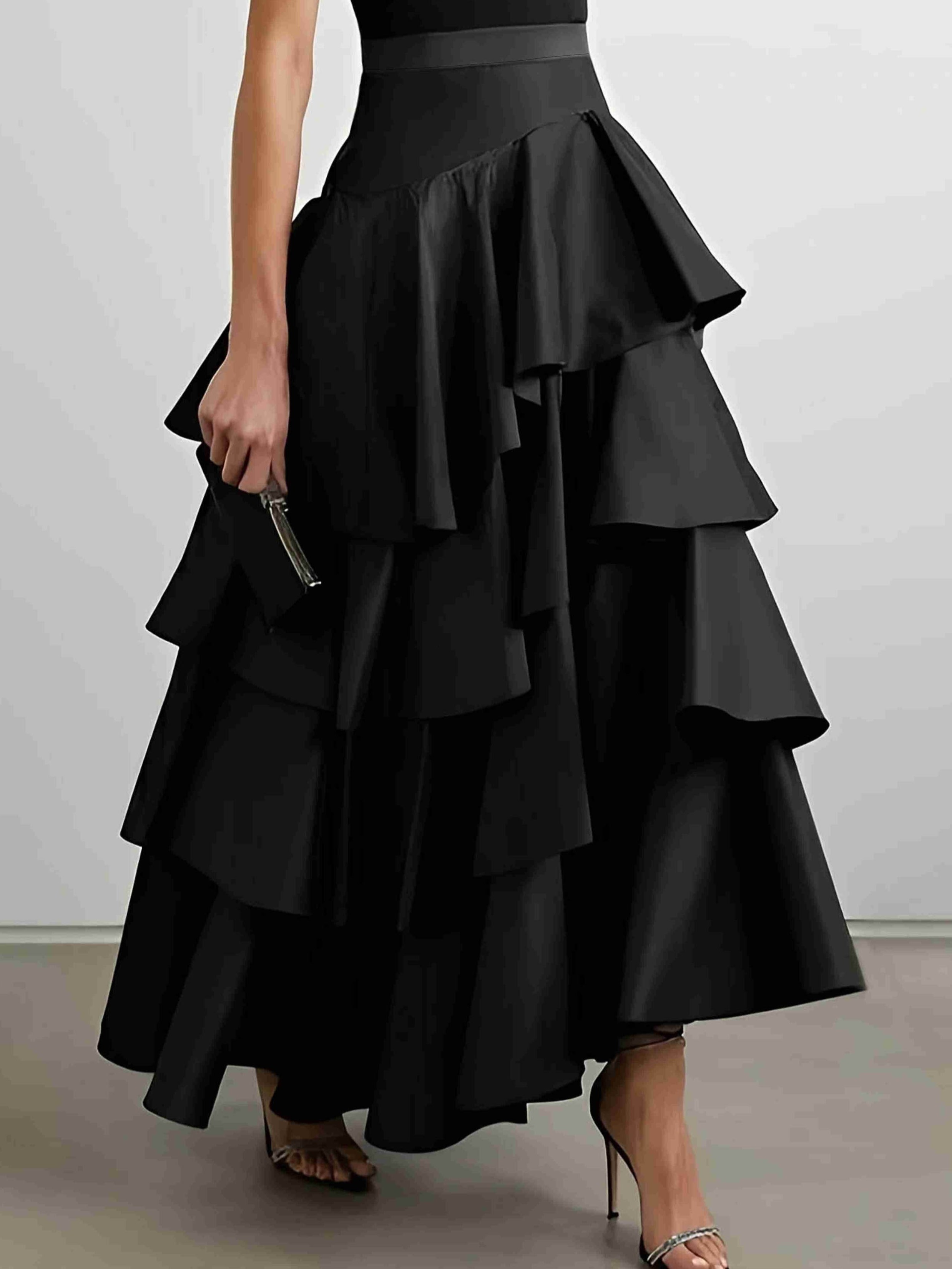 Plus Size Layered Ruffle Trim Solid Skirt, Casual High Waist Midi Skirt, Women&#39;s Plus Size Clothing