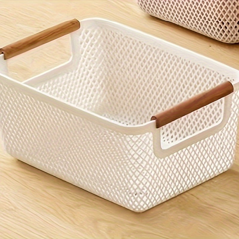 

Versatile Plastic Storage Basket With Dual Wooden Handles - Perfect For Bathroom, Bedside, Kitchen & Outdoor Use - Available In Large, Medium & Small Sizes