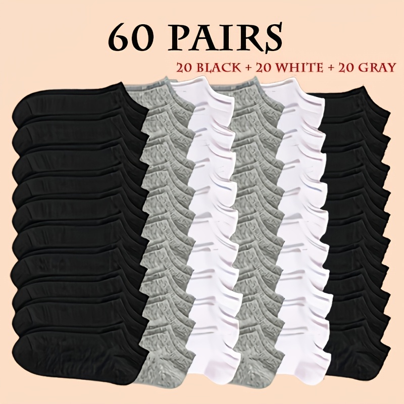 20/40/60 Pairs Women' & Men' Ankle Socks - Breathable Soft Unisex Sock Suitable For Everyday, Running, Sports - Multi-pair Pack (20/40/60 Pairs) - Solid Color Casual Athletic Socks