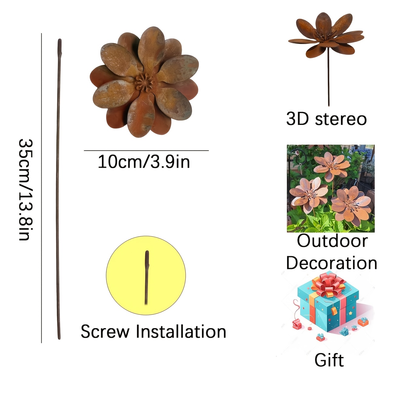 TEMU 【3d】 [3d] Rusty Three-dimensional Floral Ornaments, Rust Effect, Garden Ornaments, Flower Inserts, Garden Stakes, Rust Effect Garden Ornaments,