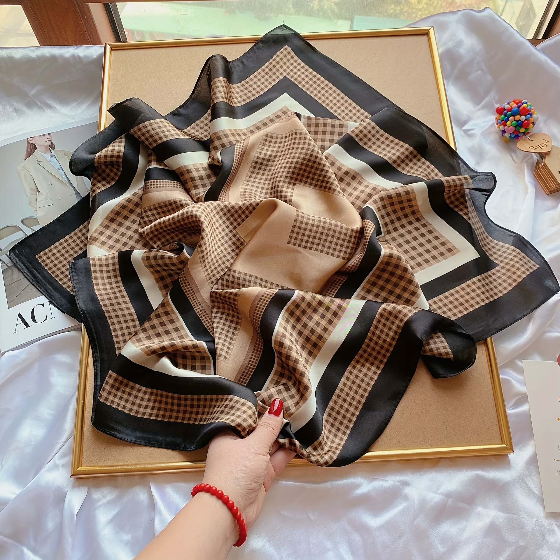 Image of Bohemian Style Geometric Pattern Square Scarf 70*70cm, Multi-functional Use As Headscarf, Neck Scarf, Shawl, Suitable For , Ideal For Holiday Gifting And Daily