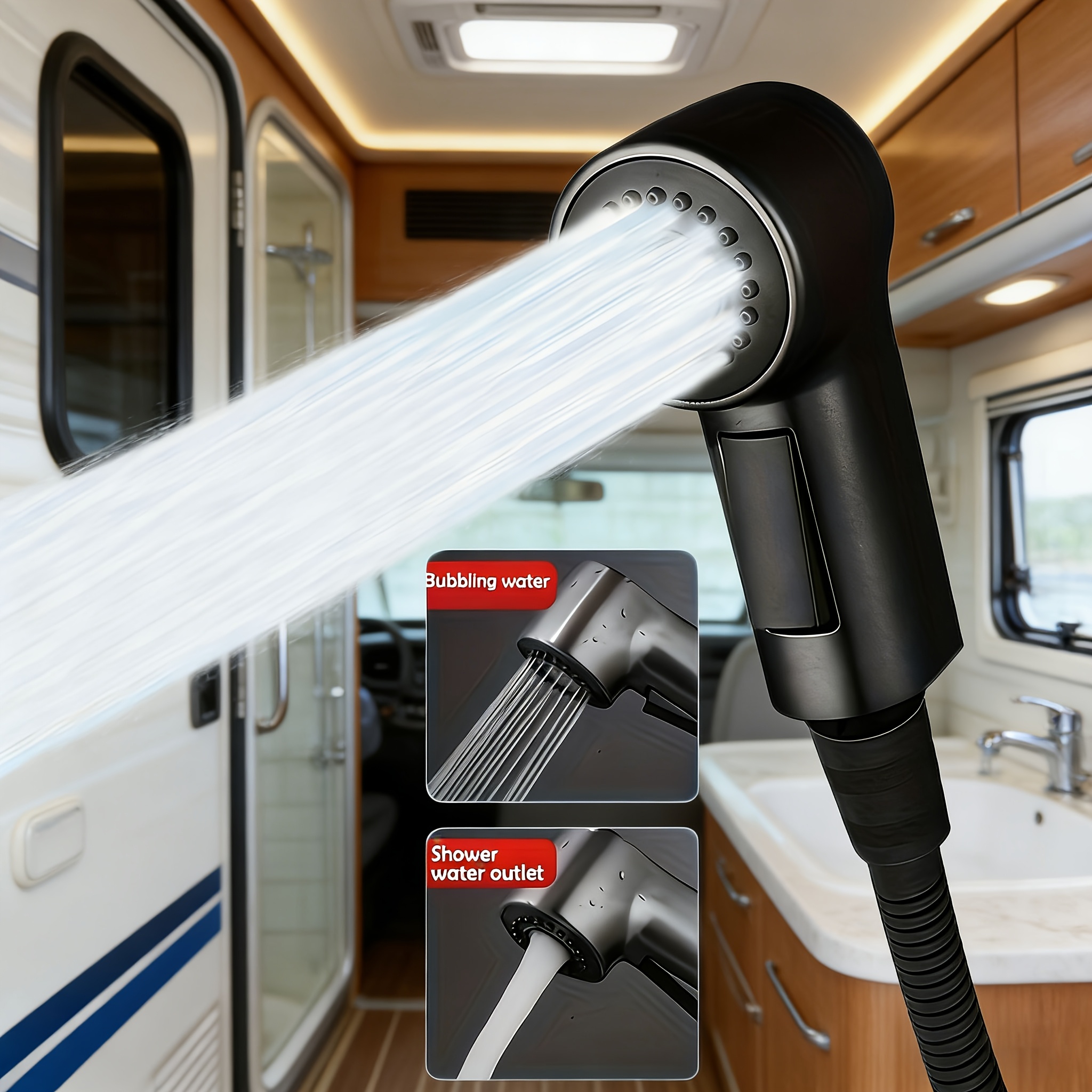 Image of 1 Set Outdoor Portable Rv Shower Head Kit | Includes 59-inch Black Hose, 2 Adjustable /abs Resin Material Durable. Suitable For Rv Camping, Pet Bathing, Car Washing Exterior Shower