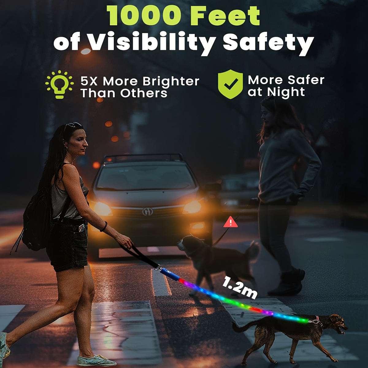 TEMU Illuminated Dog Leash, Led Leash For , 13 Lighting Options, Rechargeable Dog Lights, -the-dark Walking Leashes With -free Clip For Small, Medium, And Large Dogs - 4 Feet