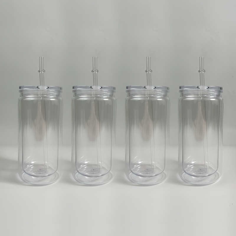 

4pcs 16oz Double-walled Clear Pre-drilled , Includes Stopper & Plastic - For Diy & Uv Dtf , Bpa-free