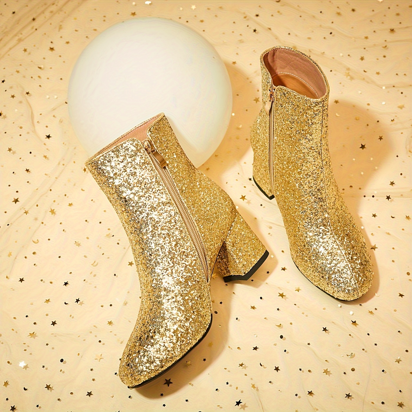 Women's Sparkly Sequin Glitter Ankle Boots Chunky High Heel Zipper  Closure, Square Toe Synthetic Cover Booties with Rubber Sole for Weddings