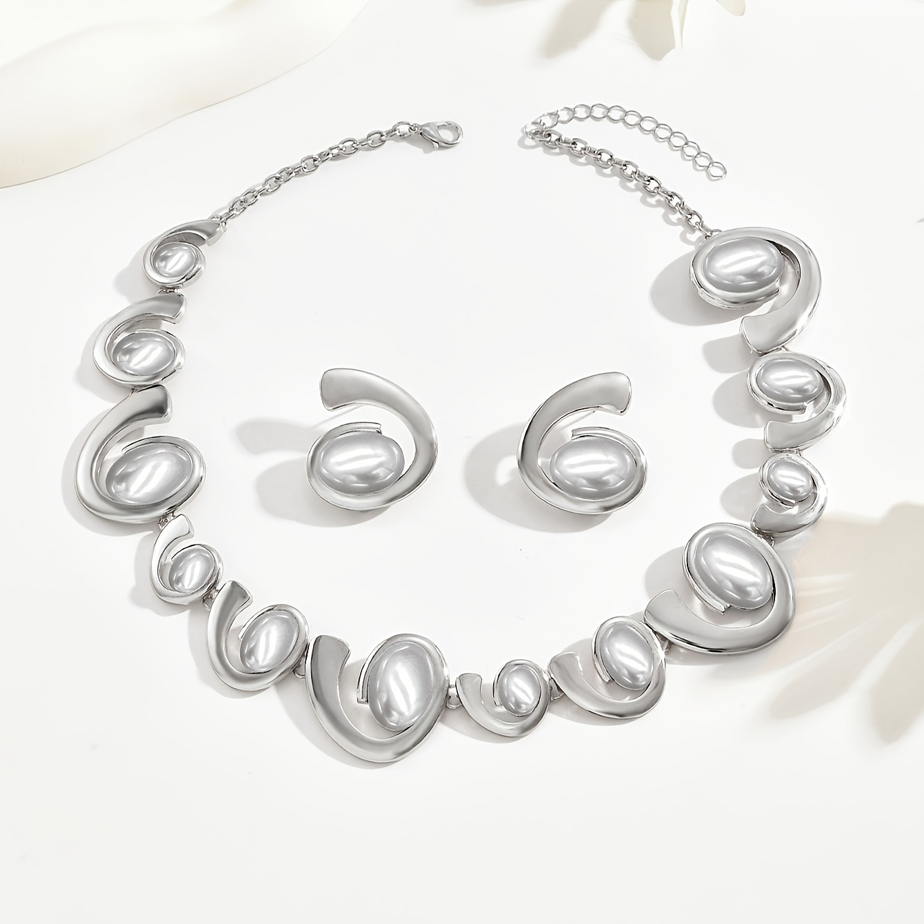 Women's Spiral Snail Necklace Set with Oval Artificial Pearls