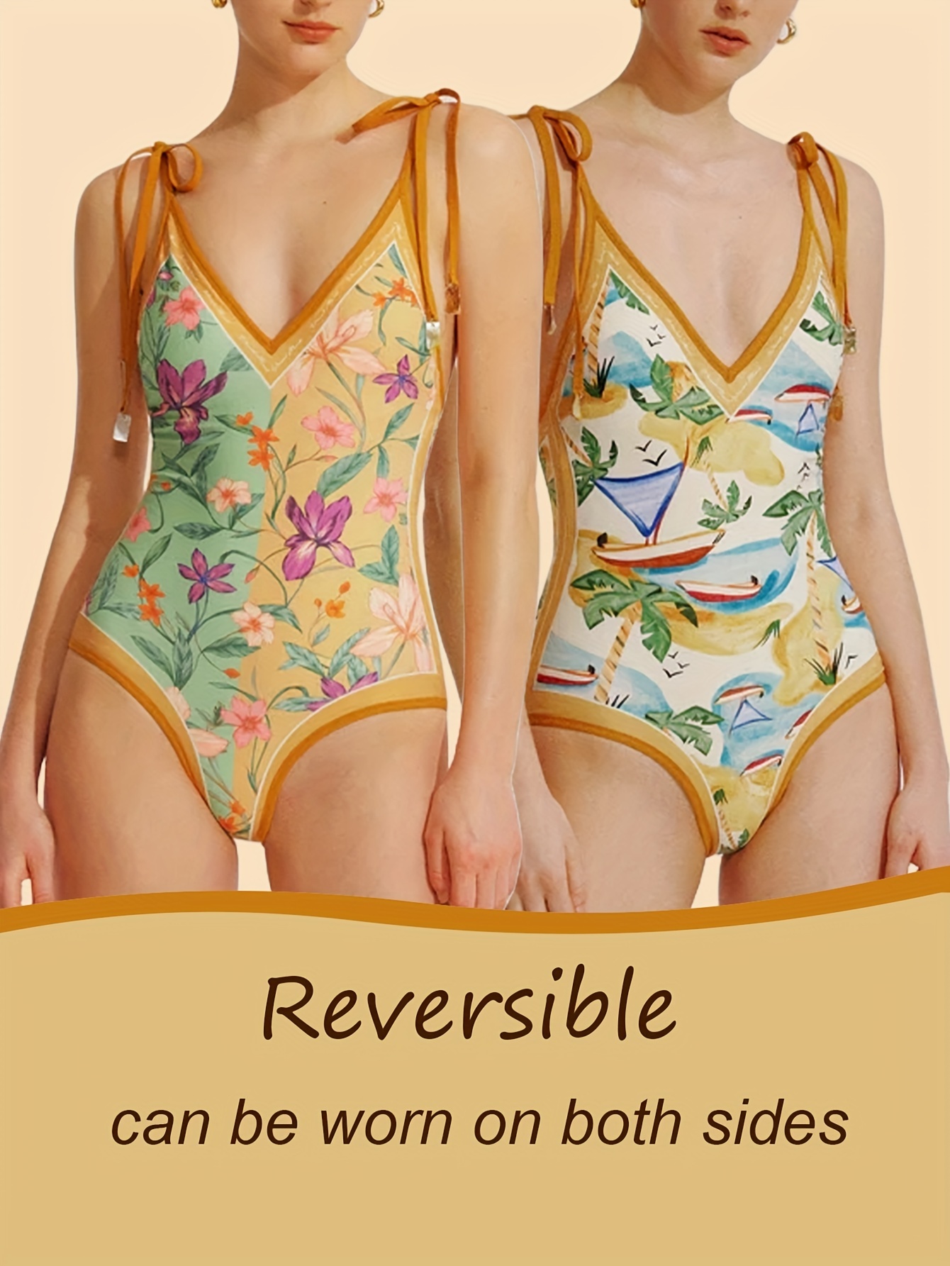 Reversible Vintage Floral Print V Neck One-piece Swimsuits, Shoulder-tie  Contrast Trim Elegant Bathing-suit, Women's Swimwear & Clothing