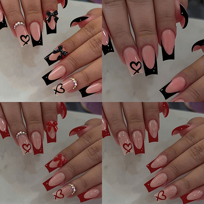 Image of 96pcs Medium Coffin Shape Press On Nails Black Nails & Red Nails 3d Bow Heart Shape Design Full Cover Nails Suitable For Daily Wear And Party Use By Women And