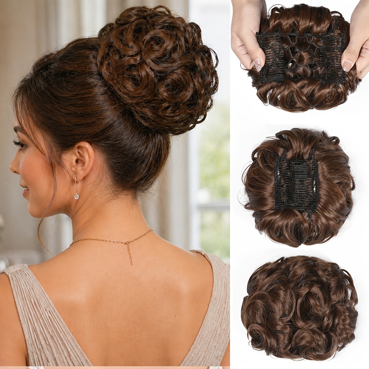 Image of Messy , Bridal , Synthetic Curly (8 Inches), Hair Ends High Bun Covered Ponytail Extensions Fake Hair Hair Suitable For Party