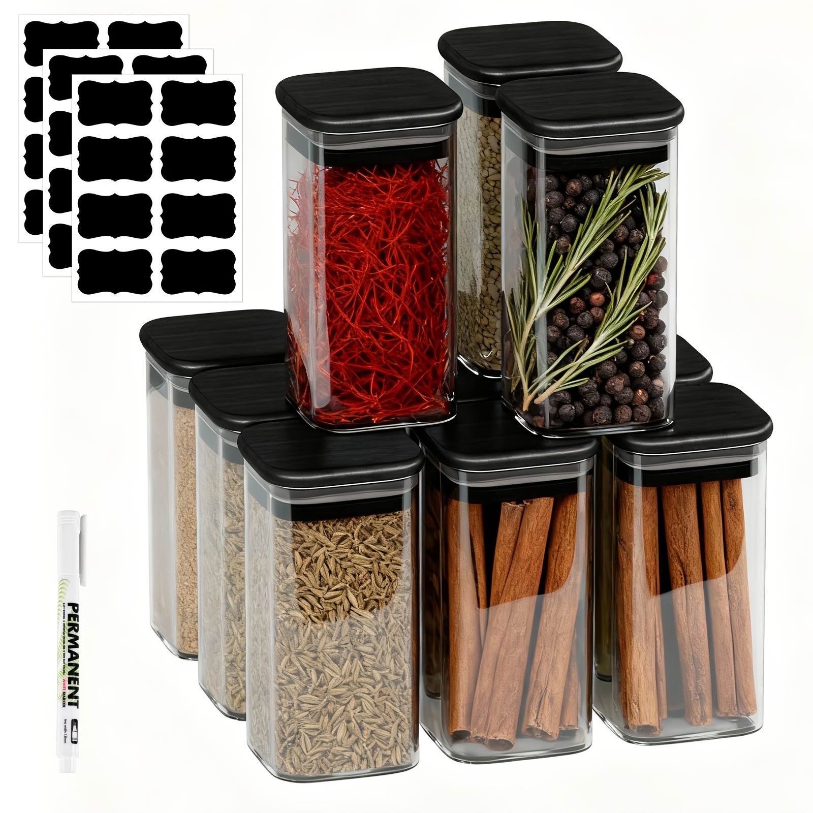 TEMU 12pcs Set Of 350ml Square Glass Spice Jars With Lids And Waterproof Labels – Airtight Kitchen Storage Jars For Herbs, Spices, Grains, And Pantry