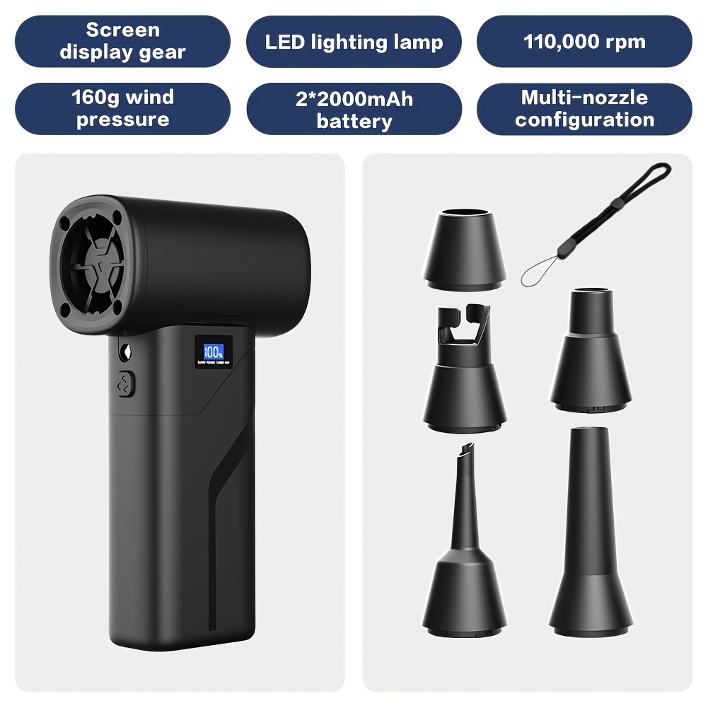 TEMU Compressed Air Dust Collector With Multi-nozzle, 2000mah X 2 Battery Capacity, Usb Rechargeable, Bladeless Turbo Fan 110, 000 Rpm, Display And