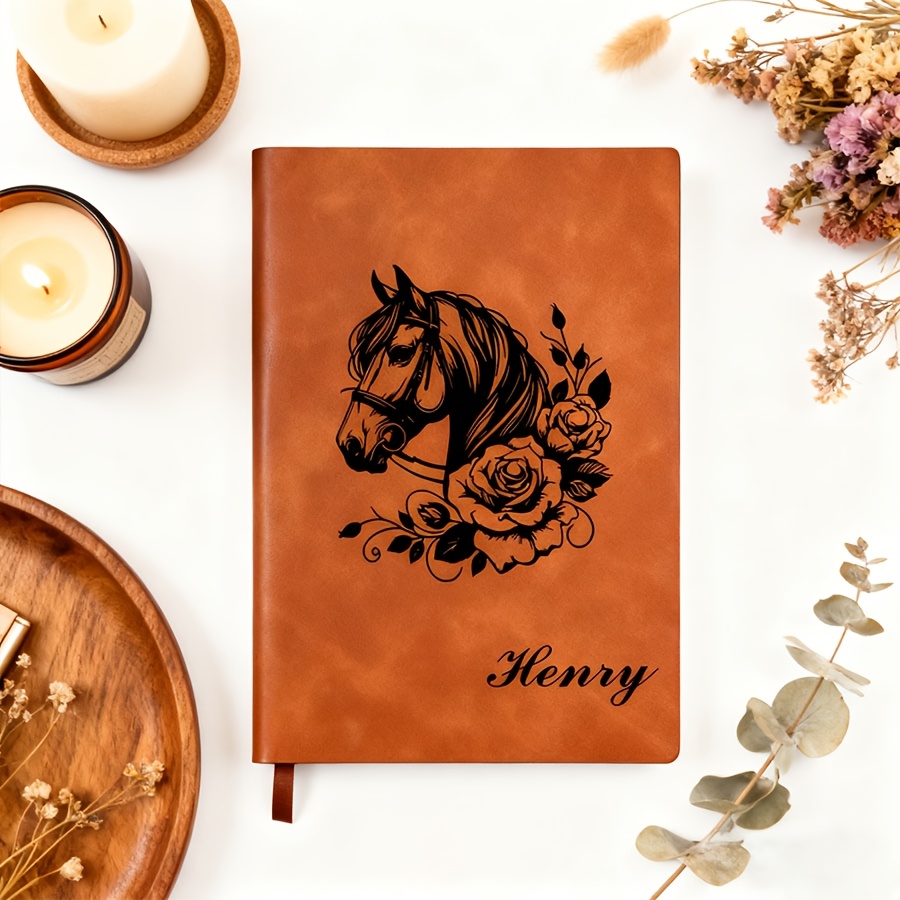 TEMU 1pc Cahier en Cuir Personnalisé - Nom et Personnalisés, Design Cheval et Floral, Journal d'Écriture en Premium, Fête des Pères, Fête des Mères,