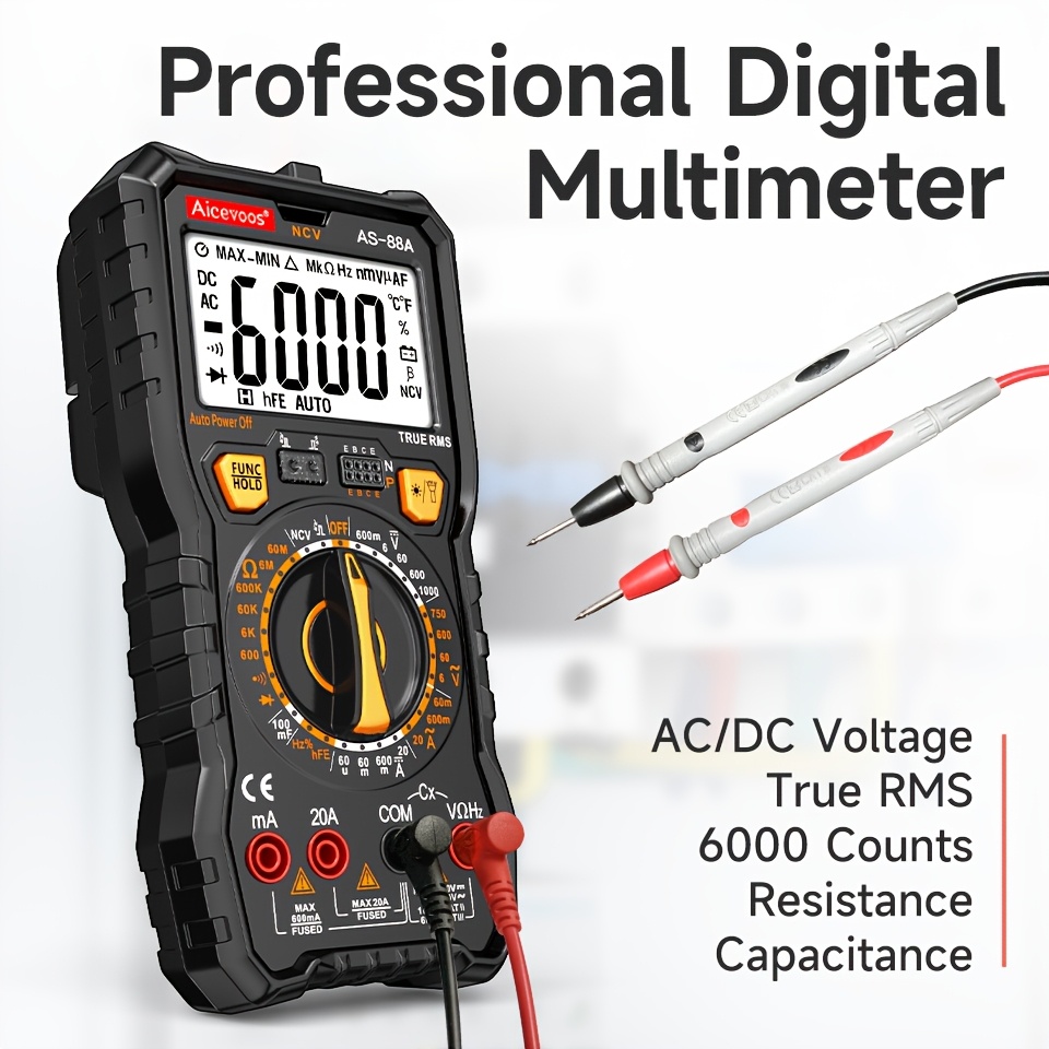 Aicevoos Digital Professional Multimeter 6000 Counts TRMS Auto Range DC AC Voltage Tester Ohm Meter Capacitor Electrical Professional Multimetro Transistor NCV, Capacitor Testing, Voltage Measurement, Portable Meter, Automatic Ranging, Reliable Performance, Durable Construction, Trms Meter, Autoranging Multimeter, Maintenance Professionals, DIY Enthusiasts