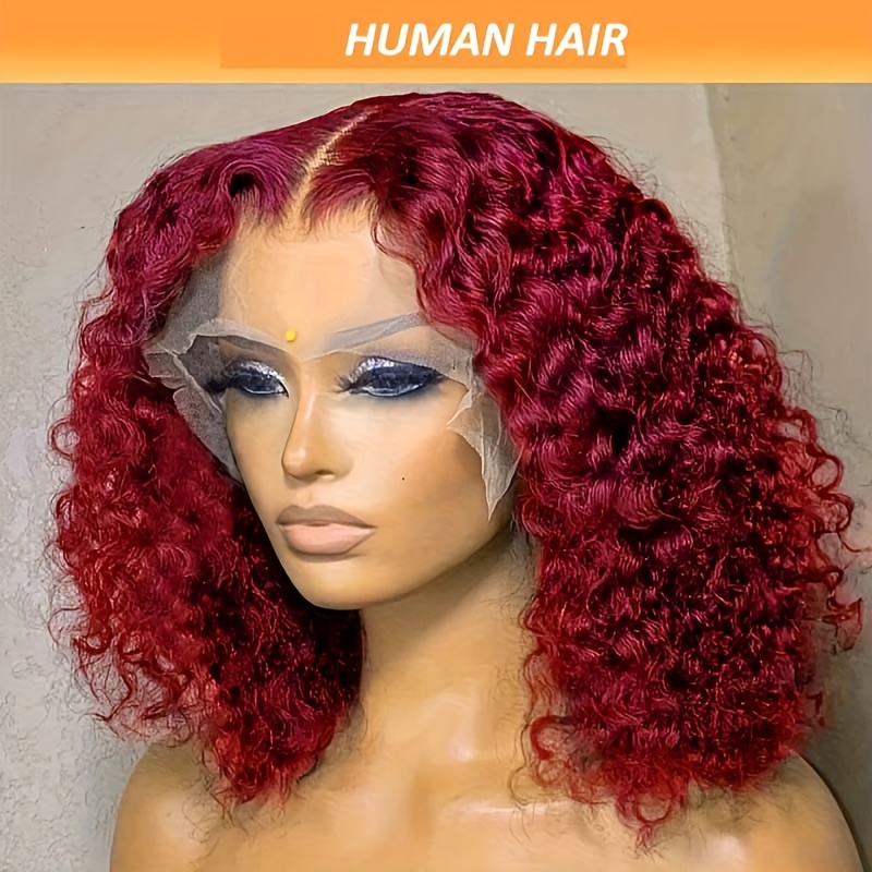 99j burgundy lace front bob wigs human hair deep wave 13x4 Temu