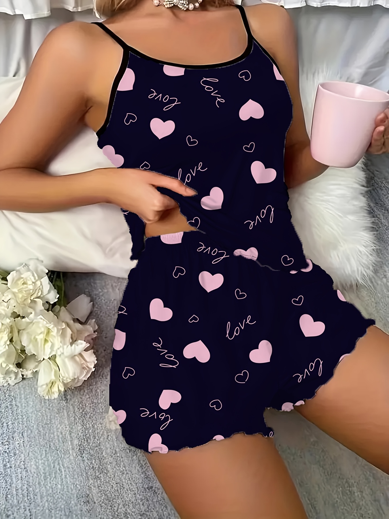 1 Set Women'S Sexy Polyester Pajama Set, Love Heart Print Spaghetti Strap Shorts, Knit Fabric Sleepwear for All Seasons, Adult Lounge Set