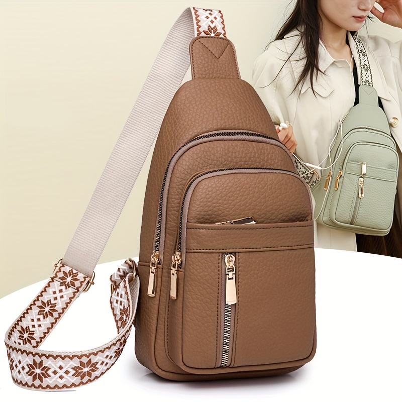

Women's Multi-pocket Zipper Vintage Chest Bag, Pu Leather Casual Sports Crossbody Bag
