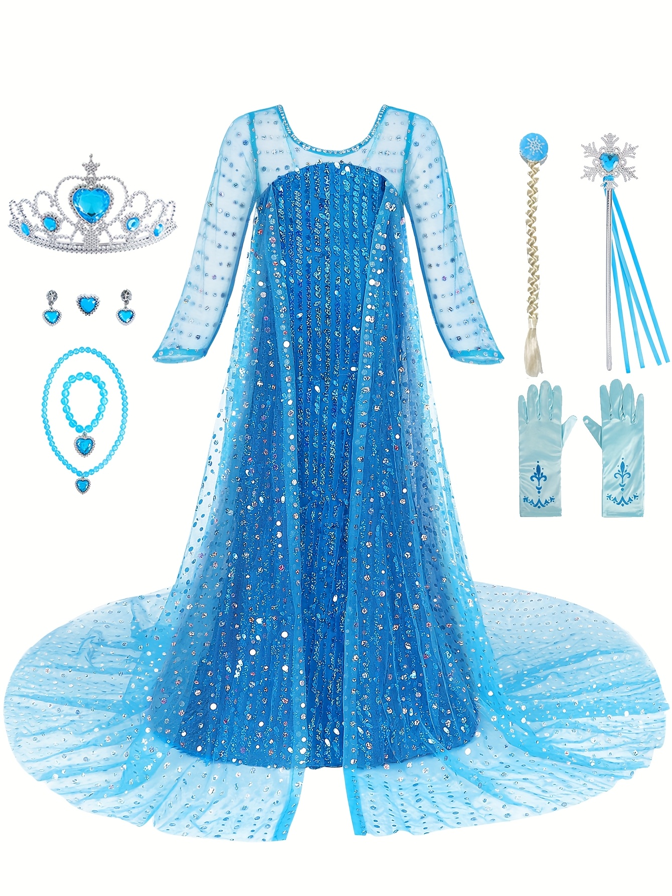 girls sequin snowflake mesh princess dress costume dress up halloween party  performance outfit & & wig & magic wand & necklace bracelet & gloves  accessories set - kids' fashion - Temu Mauritius