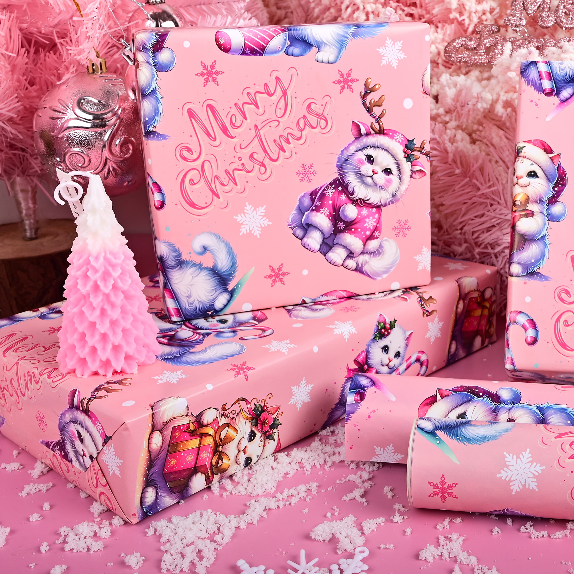 Image of Set Of 6 Rolls Of Pink Christmas Wrapping Paper Featuring Adorable Cat Designs, Perfect For Wrapping Gifts During The , Covering A Total Area Of 28.5