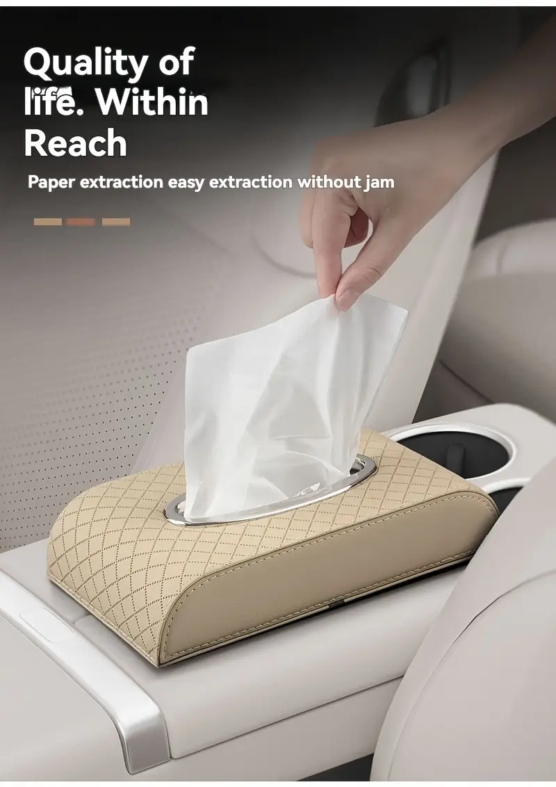 heavy duty pu leather car tissue box organizer beige mounted tissue dispenser with for front rear seats compatible with most vehicles luxury interior accessory Product details 1
