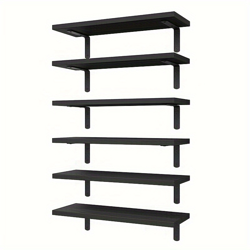 6pcs Wooden Floating Shelves, Wall Decor Shelves, Bedroom Farmhouse Hanging Shelves, Bathroom Floating Storage Shelves, Living Room Bookshelf - Rustic White Black
