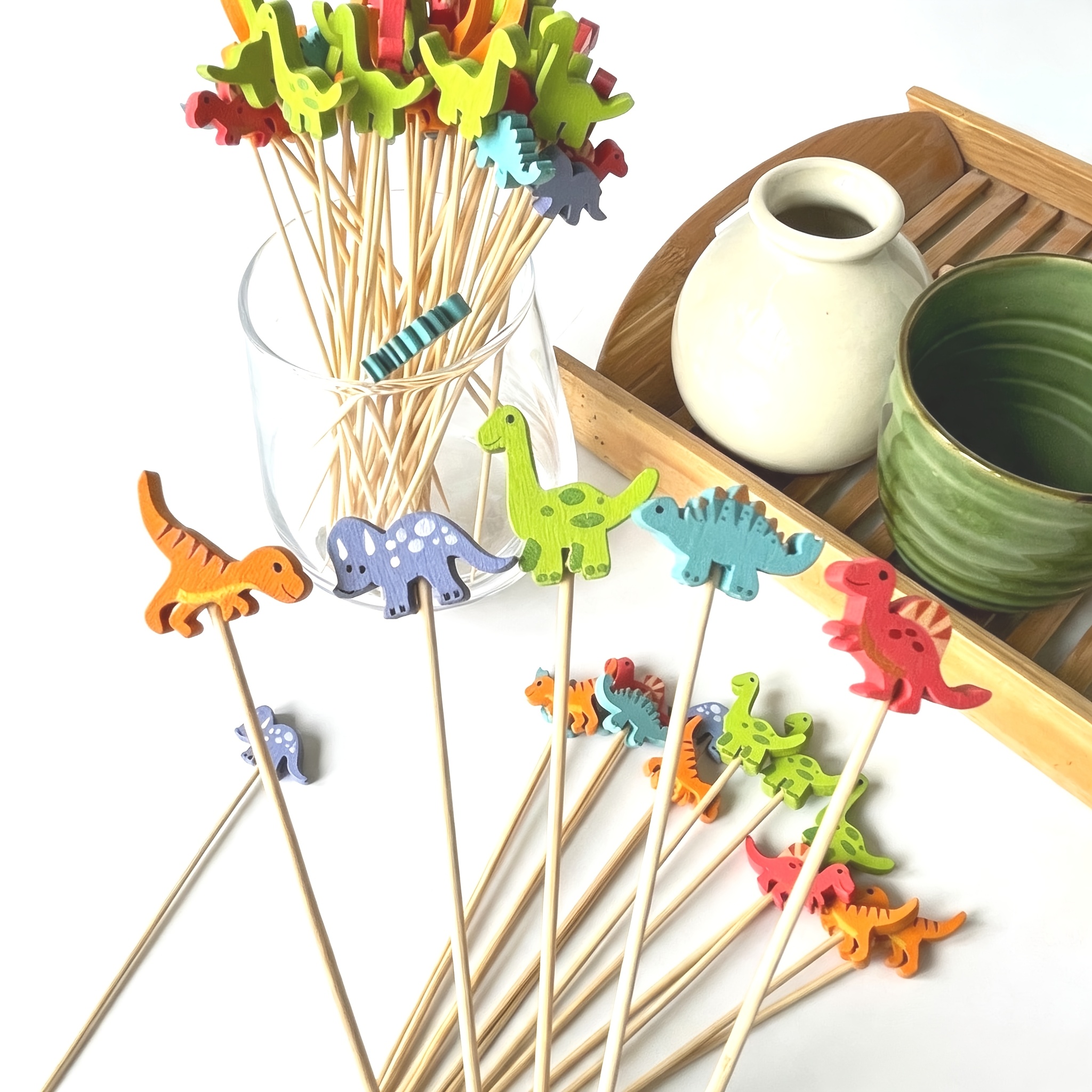 TEMU 29pcs Dinosaur Cocktail Picks, 4.92-inch Dinosaur Food Skewers Fancy Toothpicks Dino Appetizers Bamboo For Sandwich Cupcake Charcuterie Skewers