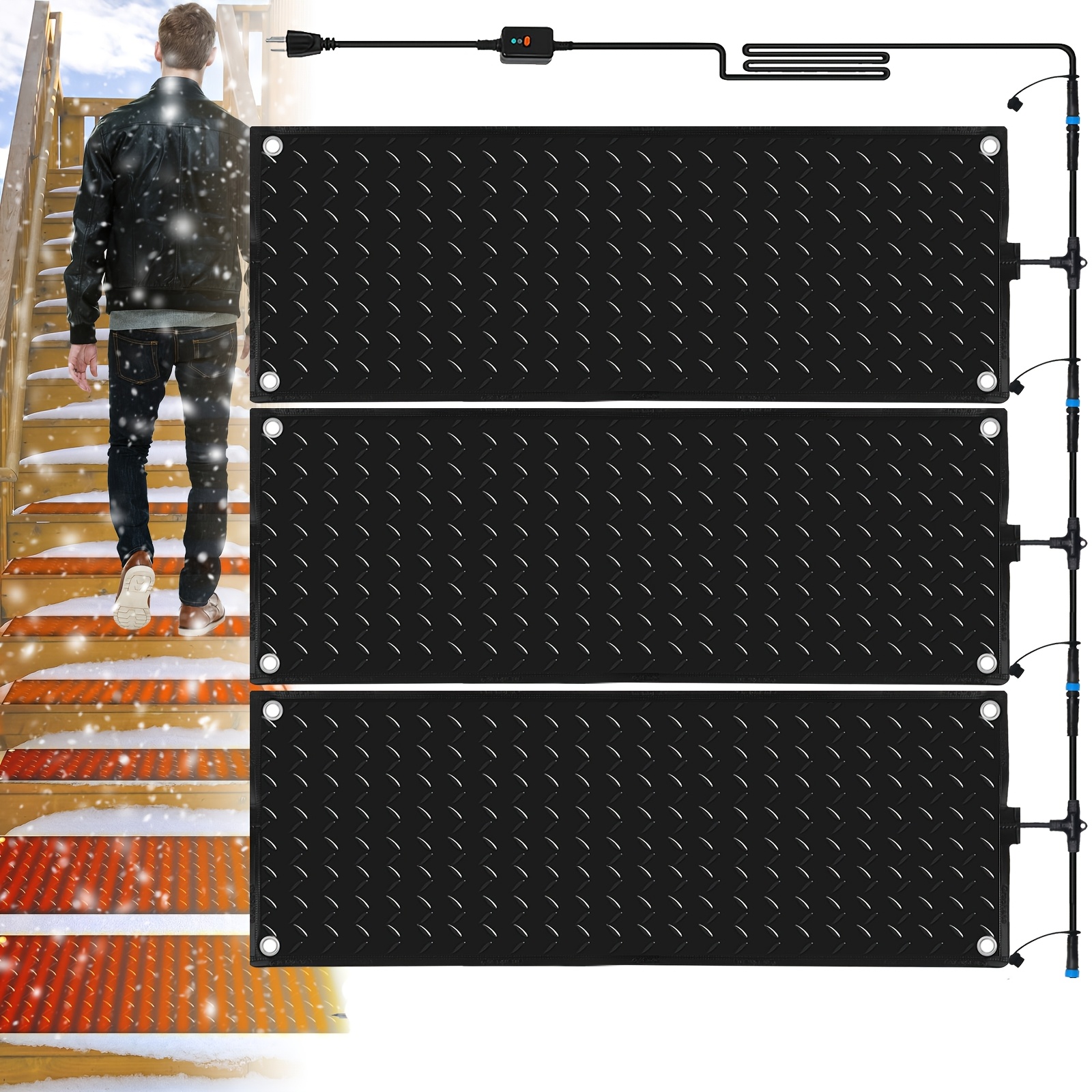 TEMU 3pcs Heated Snow Melting Mat, 10x30'' Non-slip Electric Heated Foot Mat, Rubber Snow And Ice Heated Pad With Power Cord & , For Winter Outdoor