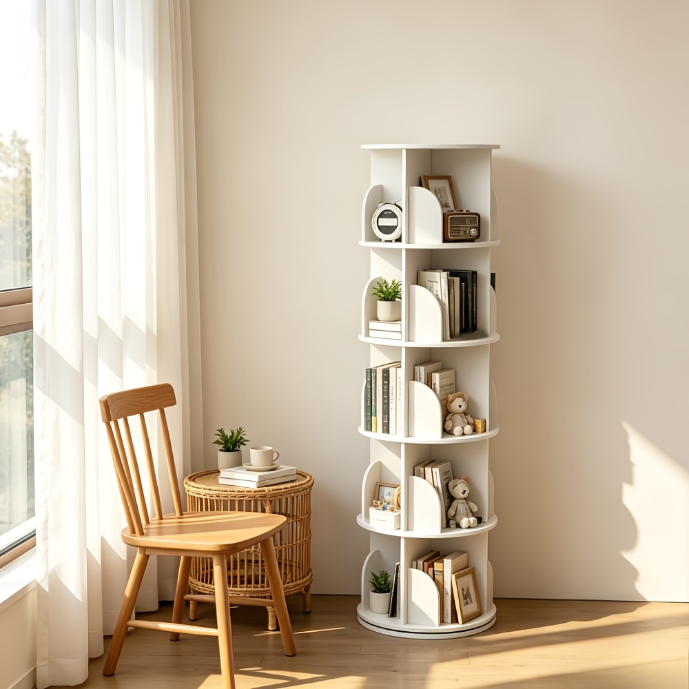 5-tier 360° Rotating White Bookshelf, Space- Corner Storage Rack For Bedroom & Living Room, Perfect Gift For Halloween, Christmas And Back To School, Great For Book Organization