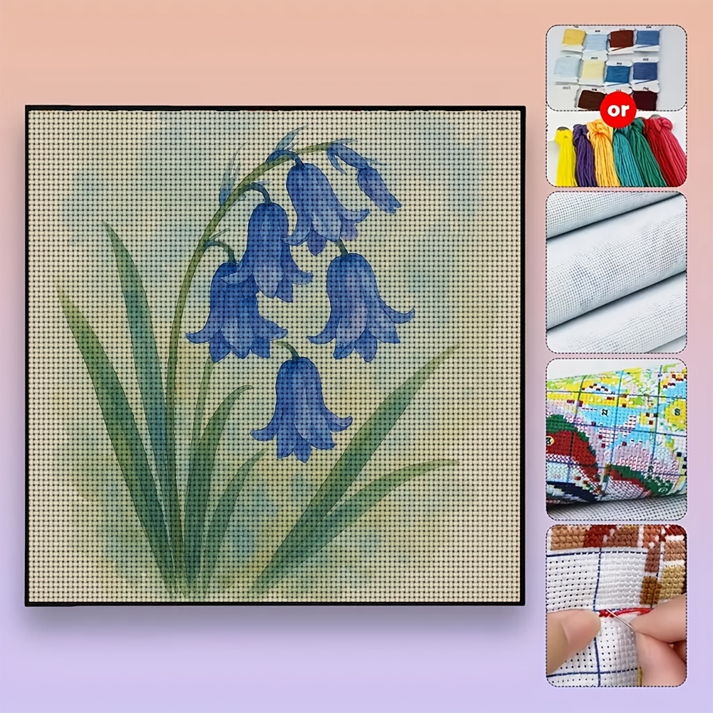 DIY Cross-Stitch Printed Kit, Unframed, Blue Bellflower Design