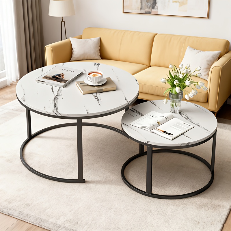 TEMU Round Nesting Coffee Table Set | Modern Metal Frame, Load-bearing 80kg 50kg, Space- Room, Balcony, And Office - White, By Msfe