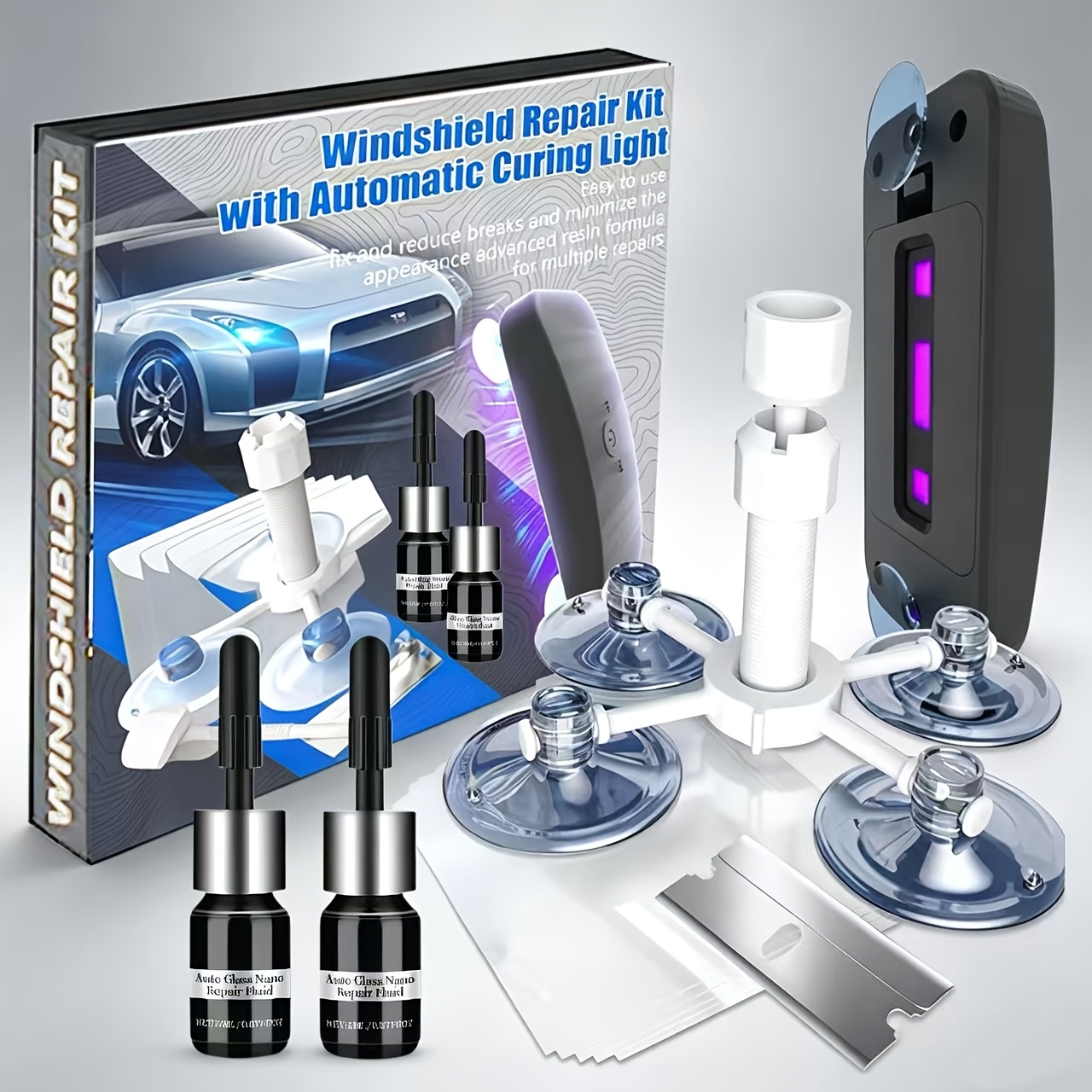 TEMU Windshield Repair Kit, Windshield Crack Repair Kit With Suction Cup Curing Light, 2pcs Car Glass Repair Kit For Chips And , Windshield Chip Repair Kit